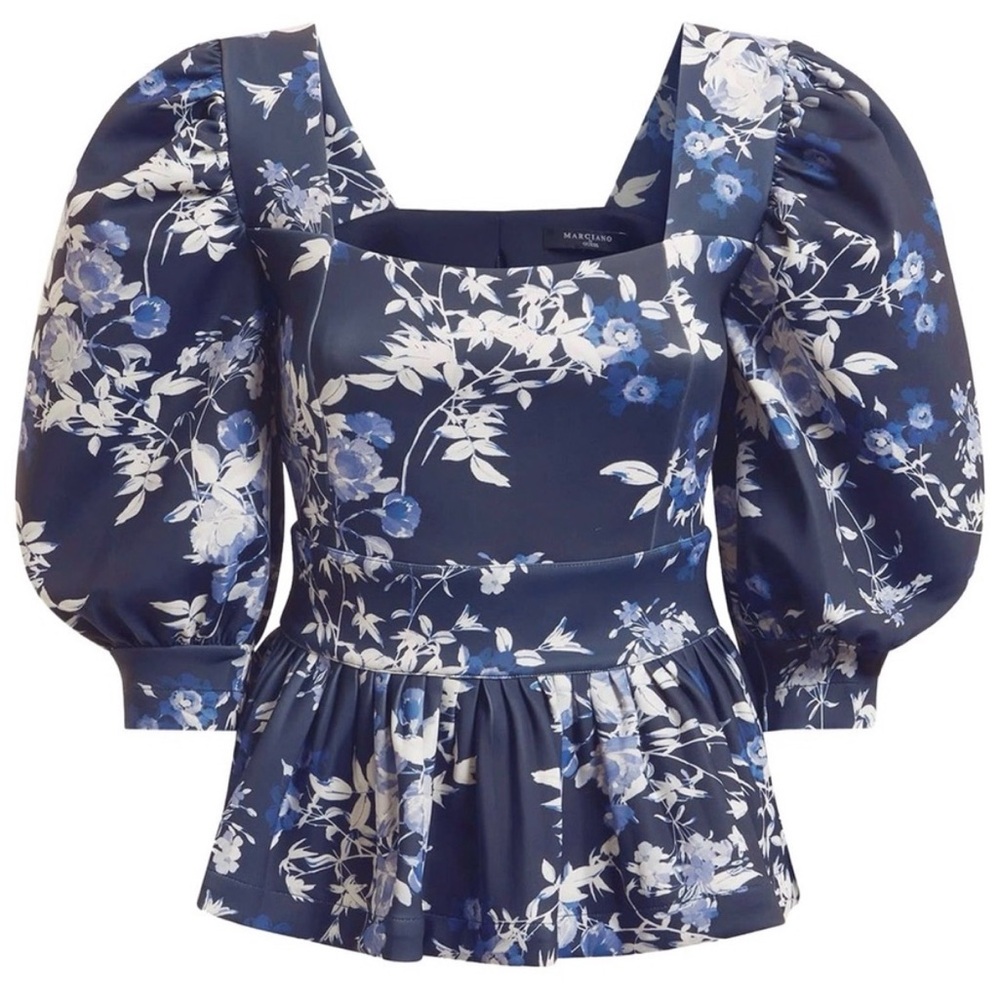 Marciano by Guess Indigo Alexis Printed Petal Pose Peplum Blouse Top
